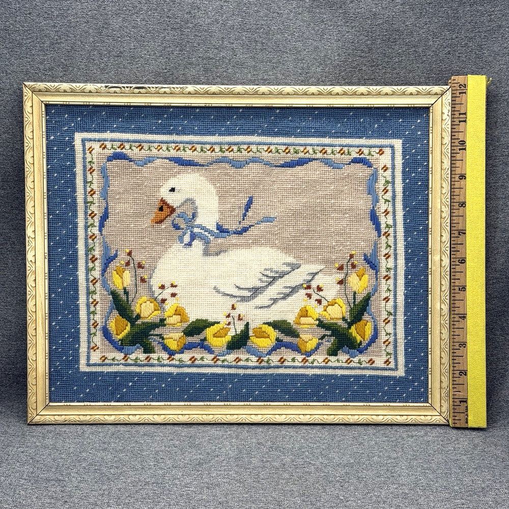 1980s Needlepoint Blue Ribbon Goose Tulips Grandmacore Granny Chic Rustic Frame